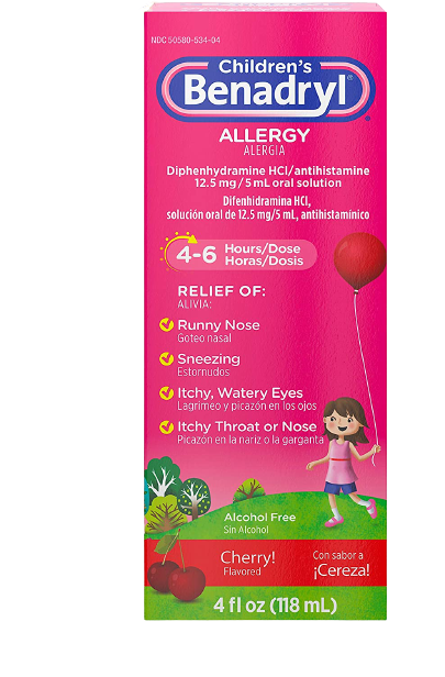 Children's Benadryl Allergy Liquid Medicine with Diphenhydramine HCl, Cherry
