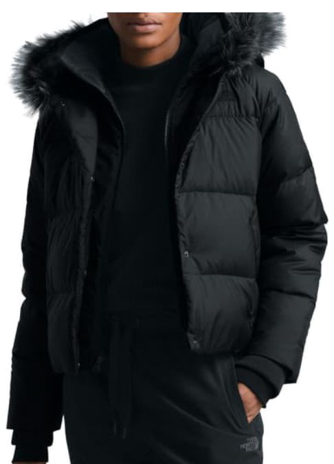 north face quilted fur trim crop jacket